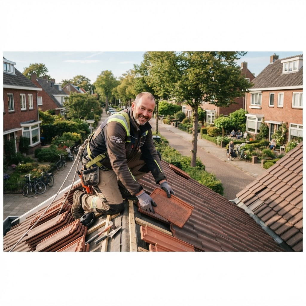 Dakdekker van AWA Dakwerken legt dakpannen op het schuine dak van een woonhuis